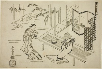 Gli attori Nakamura Takesaburo I come Kewaizaka no Shosho e Ichikawa Danjuro II come Soga no Goro vestito da komuso nella commedia "Bando Ichi Kotobuki Soga," rappresentata al Teatro Nakamura nel primo mese, 1715 da Torii Kiyomasu I