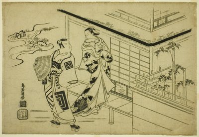 Gli attori Nakamura Takesaburo I come Kewaizaka no Shosho e Ichikawa Danjuro II come Soga no Goro nella commedia "Bando Ichi Kotobuki Soga," rappresentata al Teatro Nakamura nel primo mese, 1715 da Torii Kiyomasu I