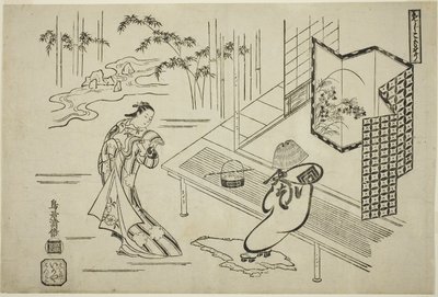 Gli attori Nakamura Takesaburo I come Kewaizaka no Shosho e Ichikawa Danjuro II come Soga no Goro vestiti da komuso nella commedia 