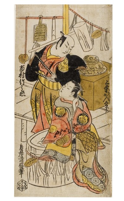 Due attori, Ichimura Takenojo e Sanjo Kantaro in costume da Torii Kiyomasu I