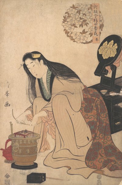 Signora che Sistema il Supporto Binsashi per i Capelli sulle Tempie da Mettere nei Capelli da Torii Kiyomine