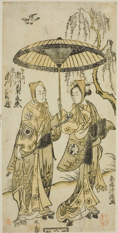 Gli attori Segawa Kikunojo II nel ruolo di Ohatsu e Ichikawa Yaozo II nel ruolo del suo amante Tokubei nella commedia "Yoni Osaka Nitsui no Meoto", rappresentata al Teatro Ichimura nel secondo mese del 1767. da Torii Kiyomitsu I