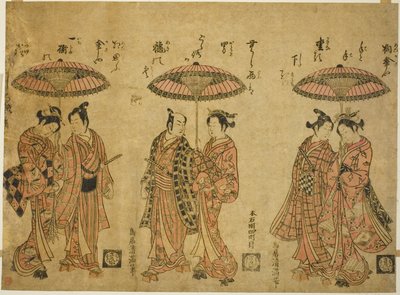 Tre coppie che condividono gli ombrelli da Torii Kiyomitsu I