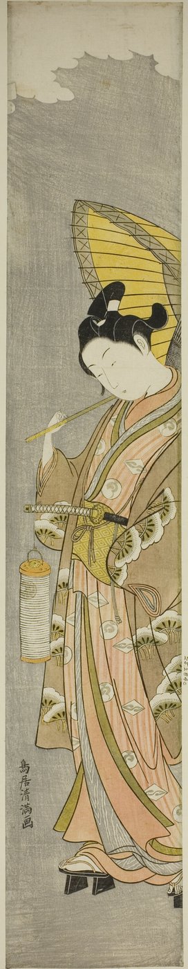 Giovane uomo con ombrello e lanterna in mano da Torii Kiyomitsu I
