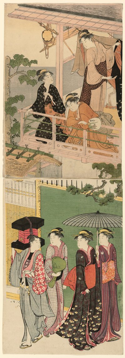 Venditore di ventagli che passa sotto un balcone da Torii Kiyonaga