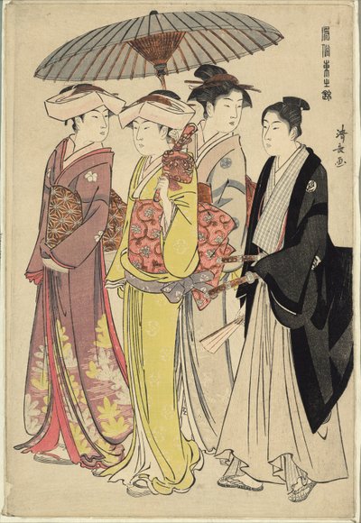 Una signora con tre servitori, dalla serie "Un broccato di maniere orientali (Fuzoku Azuma no nishiki)" da Torii Kiyonaga