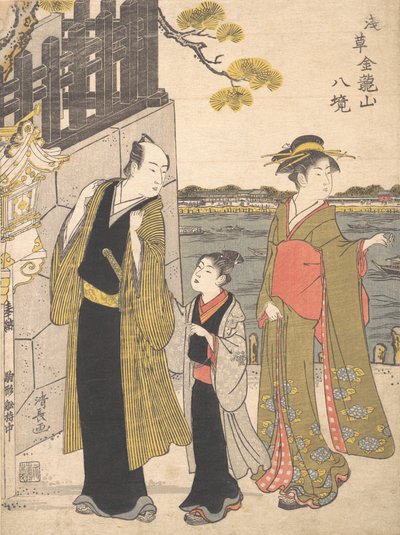 Un uomo con un ragazzo e una geisha che visitano il tempio di Kinryusan da Torii Kiyonaga