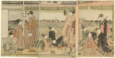 Una festa che osserva la luna attraverso il fiume Sumida da Torii Kiyonaga