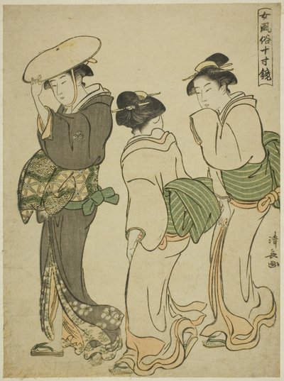 Una donna e due cameriere, dalla serie "Uno specchio di modi femminili (Onna fuzoku masu kagami)" da Torii Kiyonaga
