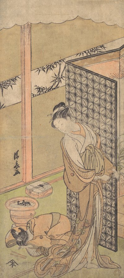 Un Oiran in abito da notte, che si ferma, con una mano sullo schermo che circonda il suo letto, ca. 1770 da Torii Kiyonaga