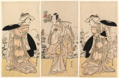 Bando Mitsugoro II come Tennen no Mansaku-kitsune e Ichikawa Monnosuke III come Nikaido Shinanonosuke e Iwai Hanshiro IV come Okura no Kojoro-kitsune nella scena del dramma Moto Mishi Yuki Sakae Hachi-no-ki da Torii Kiyonaga