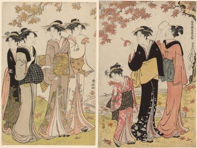 Bellezze Sotto un Acero, dalla serie "Una Collezione di Bellezze Contemporanee dei Quartieri del Piacere" da Torii Kiyonaga