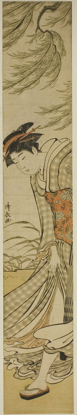 Cortigiana che cammina sotto un salice in una giornata ventosa da Torii Kiyonaga