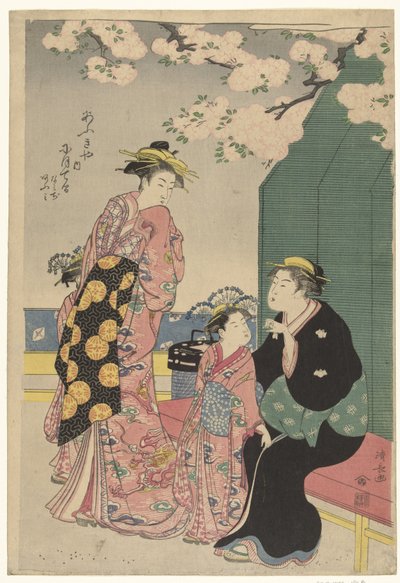 Cortigiana con due attendenti sotto i fiori di ciliegio da Torii Kiyonaga