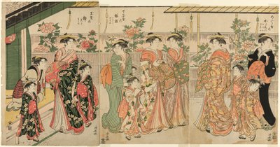 Cortigiane di Yoshiwara e i loro attendenti che osservano le peonie su Nakanocho da Torii Kiyonaga