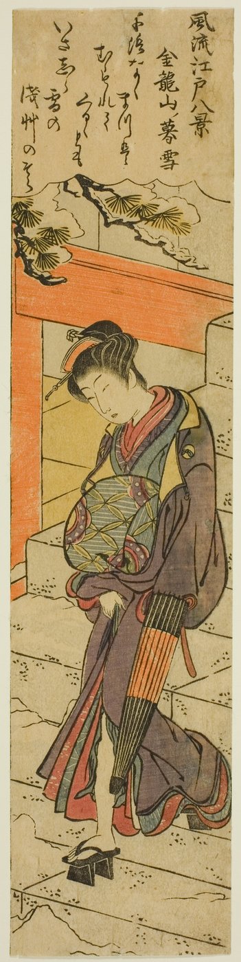 Neve serale al tempio di Kinryuzan (Kinryuzan no bosetsu), dalla serie "Otto vedute alla moda di Edo (Furyu Edo hakkei)" da Torii Kiyonaga