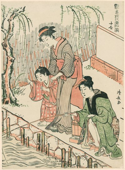 Pesca, dalla serie "Un set di dieci bellezze in stili floreali (Enshoku hana fuzoku ju awase)" da Torii Kiyonaga