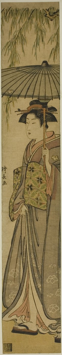 Geisha con un parasole sotto un salice da Torii Kiyonaga