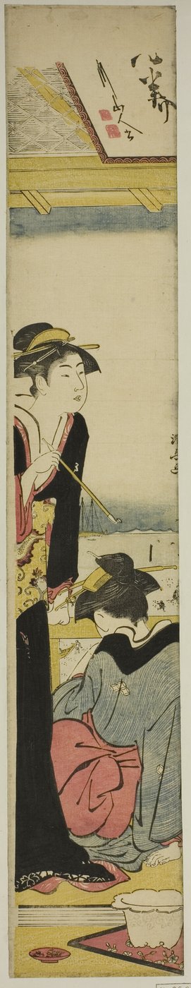 Geisha e domestica su un balcone che domina la baia da Torii Kiyonaga