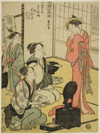 Sala di acconciatura (Kamibeya), dalla serie "Dieci tipi di incenso nei quartieri del piacere (Seiro jisshu ko)" da Torii Kiyonaga