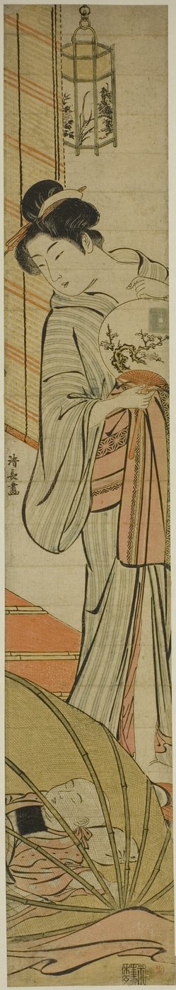 Madre che guarda il figlio dormire sotto una zanzariera da Torii Kiyonaga