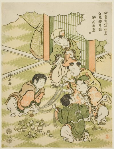 N. 4: Ragazzi cinesi che giocano alla lotteria, dalla serie "I bambini dicono "Questo è il Giappone!" e imitano i giochi che vedono nei libri illustrati (Yodo iu koitsu wa Nippon, ezoshi o mite yori sono gai ni asobu)". da Torii Kiyonaga