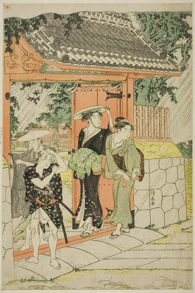 Pioggia improvvisa al santuario di Mimeguri da Torii Kiyonaga