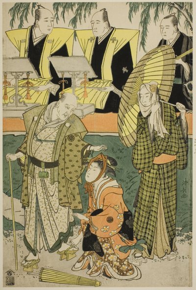 Gli attori Bando Matakuro IV come Chubei, Osagawa Tsuneyo II come Umegawa e Nakamura Katsugoro come Magoemon, nella commedia "Keisei Koibikyaku," rappresentata al Teatro Morita nel quinto mese, 1783 da Torii Kiyonaga