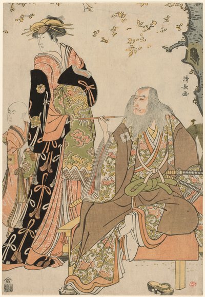 Gli attori Ichikawa Danjuro V nel ruolo di Hige no Ikyu, Nakamura Riko nel ruolo di Agemaki e Ichikawa Ebizo nel ruolo dell