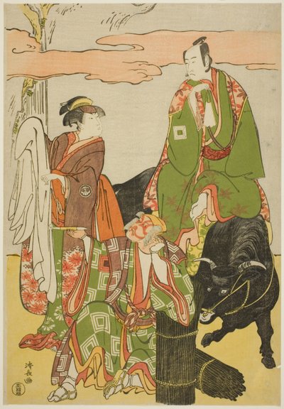 Gli attori Ichikawa Monnosuke II come Miyukinosuke, Segawa Kikunojo III come Hatsune-hime, e Ichikawa Danjuro V come Ninnaji no Saibei, nel joruri "Shitenno Oe no Yamairi," rappresentato al Teatro Kiri nell