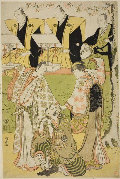 Gli attori Ichikawa Monnosuke II come Munesada, Segawa Kikunojo III come la cortigiana Sumizome, e Nakamura Nakazo I come Sekibei, nell