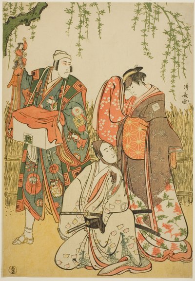 Gli attori Ichikawa Yaozo III come Shiragiku, Ichikawa Danjuro V come il burattinaio Dekurokubei, e Sawamura Sojuro III come Soga no Juro, nel joruri "Shinobukoi Yanagi no Katsura Otoko," rappresentato al Teatro Nakamura nel primo mese del 1785 da Torii Kiyonaga