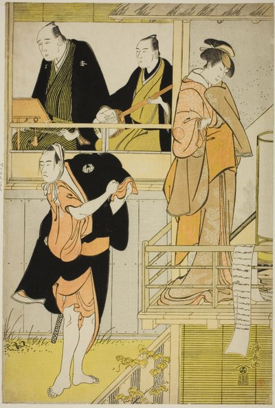 Gli attori Nakamura Riko I come Tanbaya Otsuma e Ichikawa Yaozo III come Furuteya Hachirobei, nel joruri "Sakamachi Yoi no Yotsutsuji," eseguito al Teatro Nakamura nel terzo mese, 1785 da Torii Kiyonaga