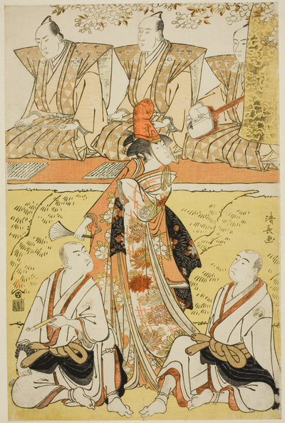 Gli attori Segawa Kikunojo III come Koito, Sawamura Sojuro III come il monaco Sainenbo, e Ichikawa Monnosuke II come il monaco Renseibo, nello shosa "Mata Saku Hana Museume Dojoji," rappresentato al Teatro Nakamura nel quarto mese, 1783 da Torii Kiyonaga