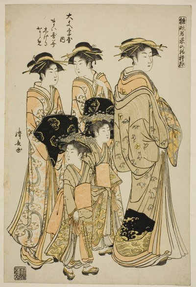 La cortigiana Maizumi del Daimonjiya con le sue assistenti Shigeki e Naname, dalla serie "Modelli per la moda: Nuovi disegni freschi come foglie giovani (Hinagata wakana no hatsu moyo)" da Torii Kiyonaga