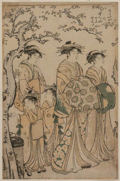 La cortigiana Senzan di Chojiya che passeggia con le sue Kamuro Yasono e Yasoji e due Shinzo da Torii Kiyonaga