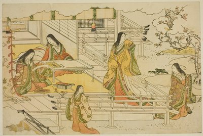 La Prima Calligrafia del Nuovo Anno (Kissho hajime), dal libro illustrato "Colori della Tripla Alba (Saishiki mitsu no asa)" da Torii Kiyonaga