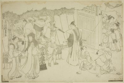 Il primo giorno di lavoro (Akinai hajime), dal libro illustrato "Colori della tripla alba (Saishiki mitsu no asa)" da Torii Kiyonaga
