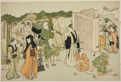 Il primo giorno di affari, dal libro illustrato "Colori della tripla alba" da Torii Kiyonaga