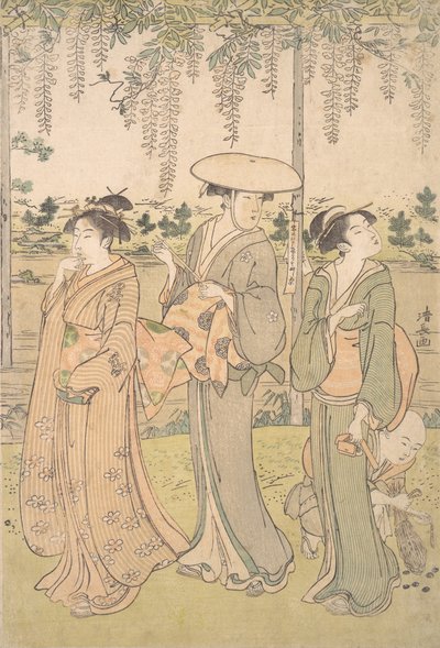 Tre donne e un piccolo ragazzo sotto un pergolato di glicine sulla riva di un ruscello, ca. 1790 da Torii Kiyonaga