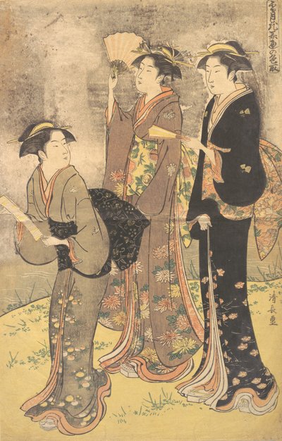 Tre giovani donne che passeggiano sulla riva del fiume Sumida da Torii Kiyonaga