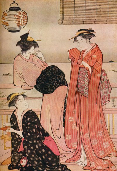 Tre ragazze sulla veranda di una casa da tè con vista sulla baia di Edo a Shinagawa, c1752-1815 da Torii Kiyonaga