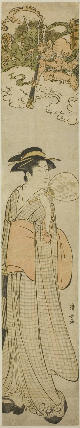 Dei del tuono che sbirciano una bellezza attraverso un telescopio da Torii Kiyonaga