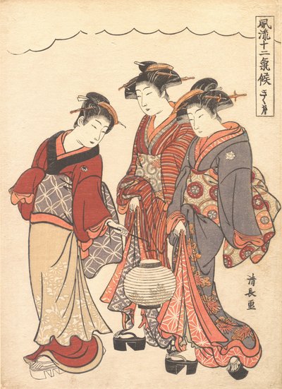 Due geishe precedute da una cameriera che porta una lanterna da Torii Kiyonaga