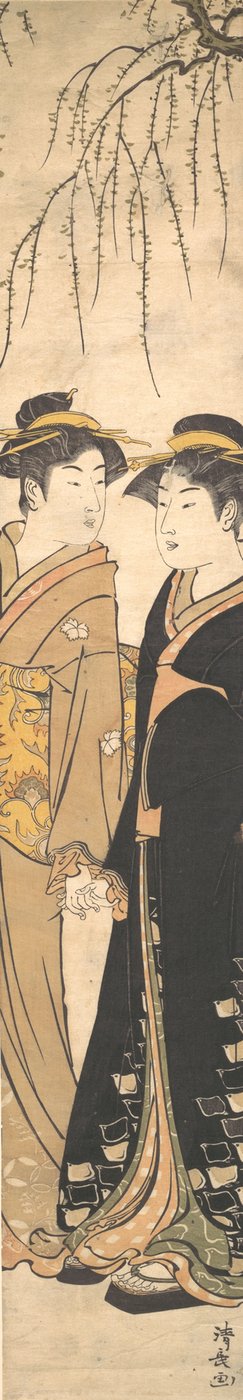 Due giovani donne alte che camminano mano nella mano da Torii Kiyonaga