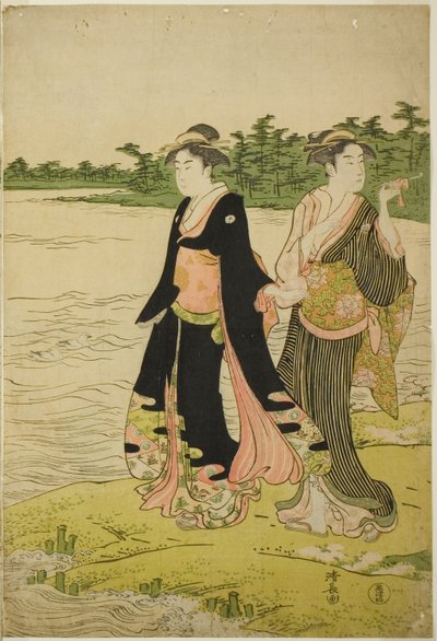 Due donne che aspettano un traghetto sul fiume Sumida da Torii Kiyonaga