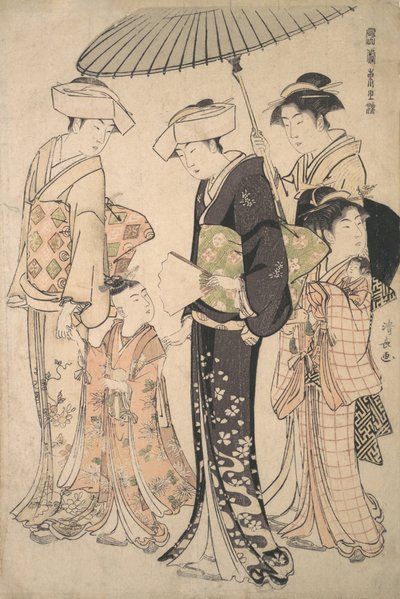 Due donne in costume estivo portano una giovane ragazza a un tempio shintoista per il Miya Mairi da Torii Kiyonaga