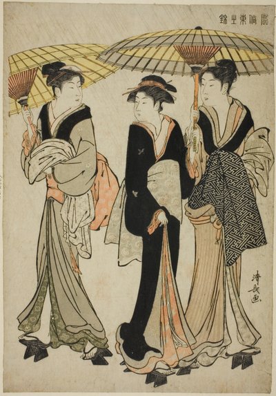 Sotto gli ombrelli sotto la pioggia, dalla serie "Un broccato di costumi orientali (Fuzoku Azuma no nishiki)" da Torii Kiyonaga
