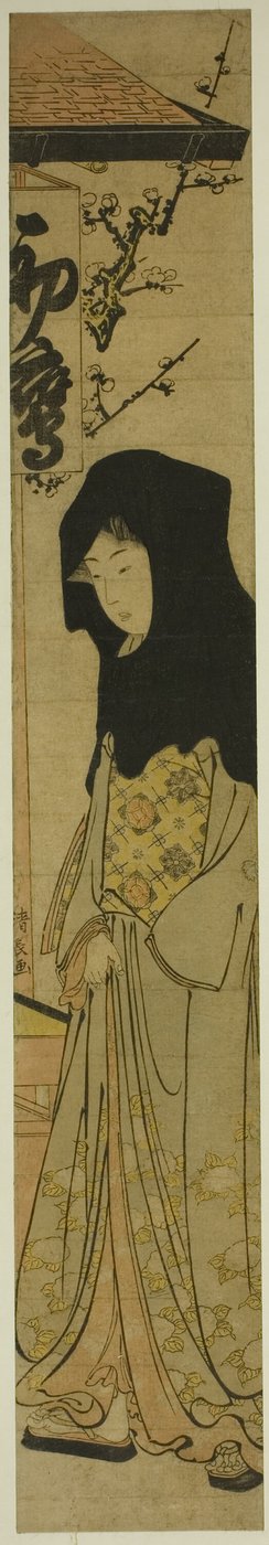 Donna con cappuccio nero davanti alla casa da tè Hatsutaka da Torii Kiyonaga