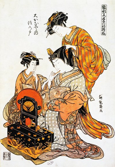 Donna davanti allo specchio mentre si pettina, stampa ukiyo-e di Torii Kiyonaga, xilografia, civiltà giapponese, periodo Edo da Torii Kiyonaga